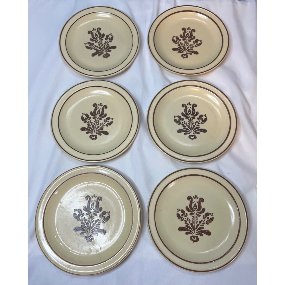 Vintage Pfaltzgraff Folk Art Brown Salad Plates Set of 6 Stoneware Folkcraft USA